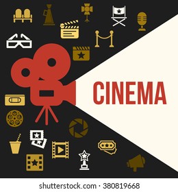 Cinema Retro Video Projector with Spotlight. Film Projector Highlights Word Cinema. Template Vector Concept with Projector Icon.