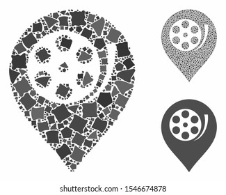 Cinema roll marker composition of trembly pieces in various sizes and color tones, based on cinema roll marker icon. Vector unequal pieces are grouped into illustration.