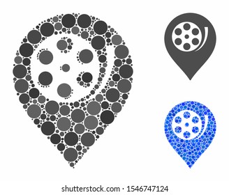 Cinema roll marker mosaic of round dots in various sizes and color tones, based on cinema roll marker icon. Vector round dots are organized into blue composition.