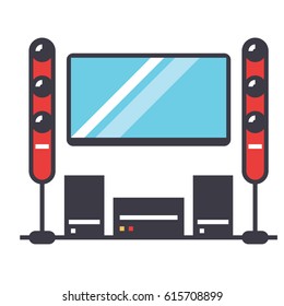 Cinema room icon symbol: home theater, movie, hd tv, electronics, audio, video. Editable strokes. Flat design line vector illustration concept. Image isolated on white background

