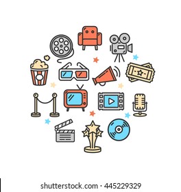 Cinema Round Design Template Thin Line Icon Set Isolated on White Background. Vector illustration