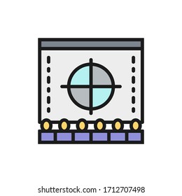 Cinema screen with audience, movie rental in cinema, premiere color line icon.