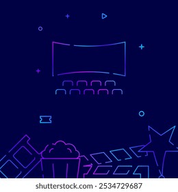 Cinema screen, auditorium gradient line vector icon, simple illustration on a dark blue background, cinema related bottom border.