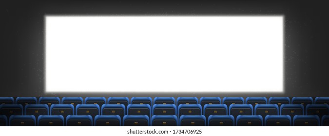 Cinema screen, lightbox in movie theater hall with seats rows. Blank television monitor on dark wall background. White glowing display for video presentation, realistic 3d vector empty plasma panel