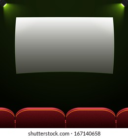cinema screen with open red seats 