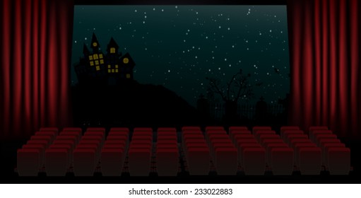 cinema screen with open red seats