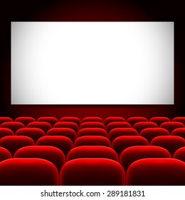 Cinema screen and red seats photo realistic vector background