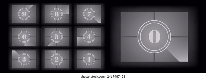 Cinema screen with retro countdown animation. Movie theater. Realistic render. Flat style cartoon design. Minimalism. Vector eps10 illustration.