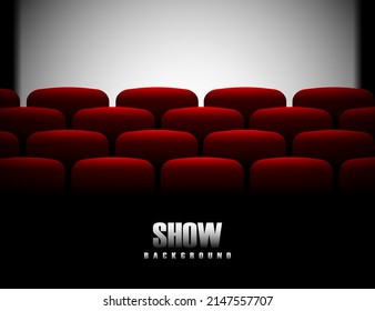 Cinema screen. Cinema with screen and seat. Theater hall with interior. Auditorium for movie, theatre. Empty stage for film. Red chair with scene for presentation. Background for advertising. Vector.