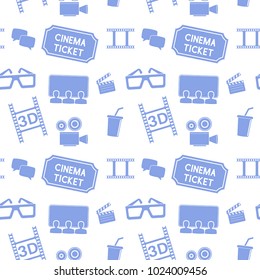 Cinema seamless background. Movie theater symbols, blue on white background. Vector illustration