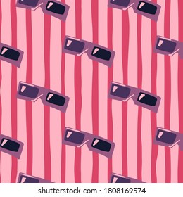 Cinema seamless doodle patten with purple toned 3D glasses. Pink and red stripped background. Great for wallpaper, textile, wrapping paper, fabric print. Vector illustration.