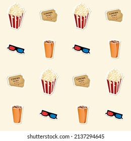 Cinema seamless pattern with  3d glasses, cinema tickets, soda and  popcorn. Vector illustration.