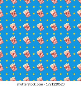El cine sigue un patrón impecable. Papel azul con palomitas de maíz, vasos estéreo y estrellas. Papel digital de película. Textura de arte. Fondo de cine plano vectorial.