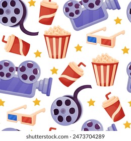 Cinema seamless pattern. Cartoon camera 3d glasses and popcorn, drink take away cup and cinematography ribbon. Movie nowaday vector print design