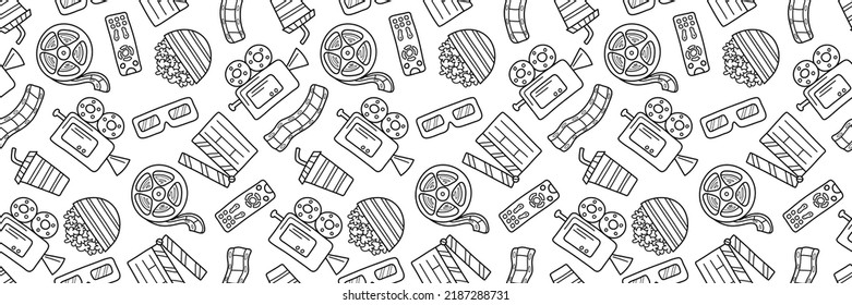 Patrón ininterrumpido del cine. Estilo dibujado a mano con Doodle. Elementos cinematográficos para la producción de medios, festival, antecedentes teatrales. Ilustración vectorial. Impresión de estilo nocturno de película.