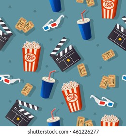 Cinema seamless pattern  with film reel, clapper, popcorn, 3D glasses, soda cup, cinema ticket