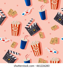 Cinema padrão sem costura com rolo de filme, palmas, pipoca, óculos 3D, copo de refrigerante, bilhete de cinema