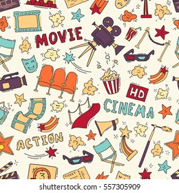 Cinema seamless pattern with hand drawn elements
