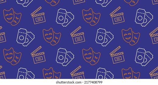 Cinema Seamless Pattern With Icons. Movie Night Background. Tv Show, Theater, Online Entertainment Concept. Film Elements Repeating Texture. Web Site Backdrop. Retro Style Vector Illustration