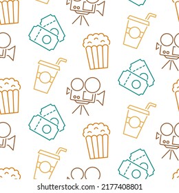 Cinema Seamless Pattern With Icons. Movie Background. Tv Show, Television, Online Entertainment Concept. Film Elements Repeating Texture. Web Site Backdrop Design. Retro Style Vector Illustration.