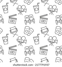 Cinema seamless pattern with icons. Movie background. Tv show, television, online entertainment concept. Film elements repeating texture. Web site backdrop design. Retro style vector illustration.