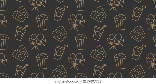 Cinema seamless pattern with icons Movie black background. Tv show, television, online entertainment concept. Film elements repeating texture. Web site backdrop design. Retro style vector illustration