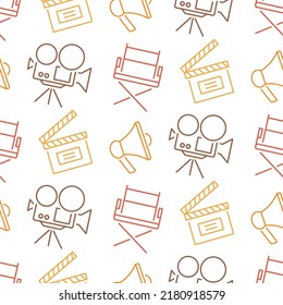 Cinema seamless pattern with icons. Movie background. Tv show, television, online entertainment concept. Film elements repeating texture. Web site backdrop design. Retro style vector illustration.