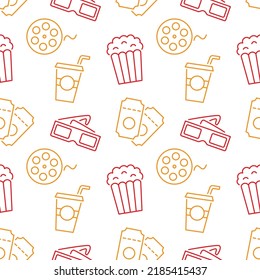 Cinema Seamless Pattern With Icons. Movie Background. Tv Show, Television, Online Entertainment Concept. Film Elements Repeating Texture. Web Site Backdrop Design. Retro Style Vector Illustration.