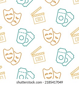 Cinema Seamless Pattern With Icons. Movie Night Background. Tv Show, Theater, Online Entertainment Concept. Film Elements Repeating Texture. Web Site Backdrop. Retro Style Vector Illustration