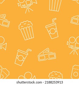 Cinema Seamless Pattern With Icons. Movie Background. Tv Show, Television, Online Entertainment Concept. Film Elements Repeating Texture. Web Site Backdrop Design. Retro Style Vector Illustration.