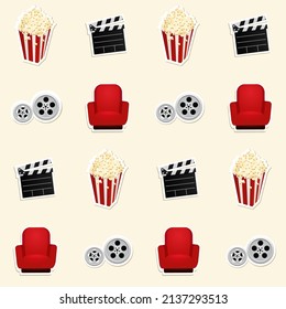 Cinema seamless pattern with movie clapper boards, film reels over,  cinema chairs and  popcorn. Vector illustration.