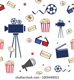 Cinema. Seamless pattern with movie elements in flat style. Camera, tickets, popcorn, glasses, and other