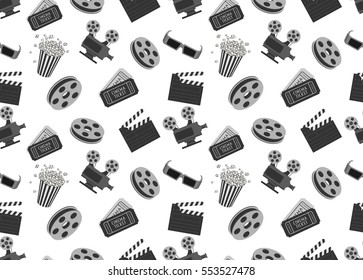 Cinema seamless pattern with movie objects. Clapperboard, tickets, 3d glasses and popcorn