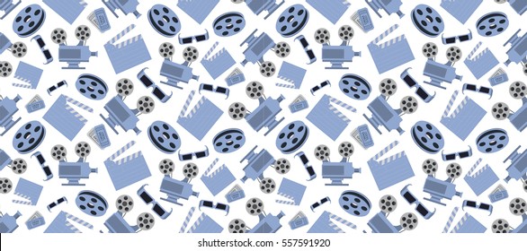 Cinema seamless pattern with movie objects. Clapperboard, tickets, 3d glasses and camera on white background