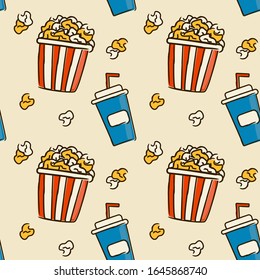 Cinema seamless pattern with popcorn and soda cup