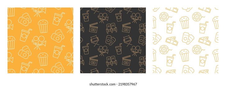 Cinema seamless pattern set with icons. Movie backgrounds collection. Tv show, television, online entertainment. Film elements texture. Web site backdrop design. Retro style vector illustration.