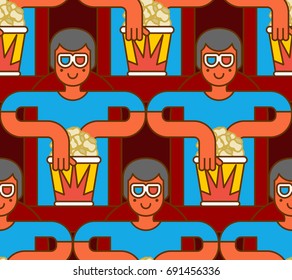 Cinema seamless pattern. Spectator in stereo glasses and popcorn background. viewer background