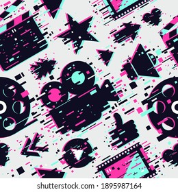 Cinema seamless pattern. Vector texture with movie objects. Online video backdrop. Glitch style background with camera, clapperboard and film.