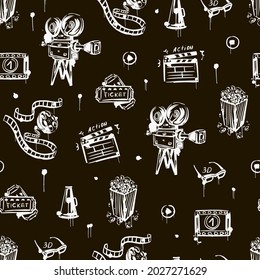 Cinema seamless pattern with vintage camera, popcorn, clapper , 3d glasses. Black and white. Hand-drawn vector vintage background.