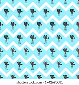 Cinema seamless pattern. Wallpaper with movie camera and clapboard. Movie digital paper. Art texture. Flat vector cinema background.