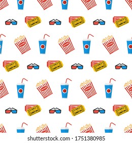 Cinema seamless pattern. Wallpaper with movie camera and direcor chair. Movie digital paper. Art texture. Flat vector cinema background.