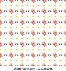 Cinema seamless pattern. Wallpaper with movie camera and direcor chair. Movie digital paper. Art texture. Flat vector cinema background.