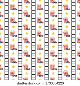 Cinema seamless pattern. Wallpaper with popcorn, stereo glasses and stars. Movie digital paper. Art texture. Flat vector cinema background.