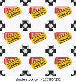 Cinema seamless pattern. Wallpaper spotlight, projector and film ticket. Movie digital paper. Art texture. Flat vector cinema background.