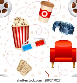 Cinema seamless texture with a pattern of detailed movie objects - film reel, popcorn, 3D glasses, seats