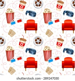 Cinema seamless texture with a pattern of detailed movie objects - film reel, popcorn, 3D glasses, seats