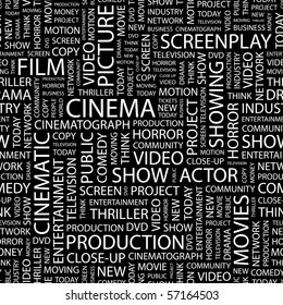 CINEMA. Seamless vector pattern with word cloud. Illustration with different association terms.