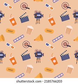 Cinema Seamless Vector Pattern.Online Movie Theater Background.Colored Vector Illustration Cartoon Flat Style.