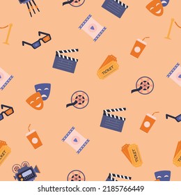 Cinema Seamless Vector Pattern.Online Movie Theater Background.Colored Vector Illustration Cartoon Flat Style.