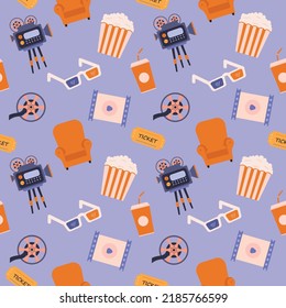 Cinema Seamless Vector Pattern.Online Movie Theater Background.Colored Vector Illustration Cartoon Flat Style.